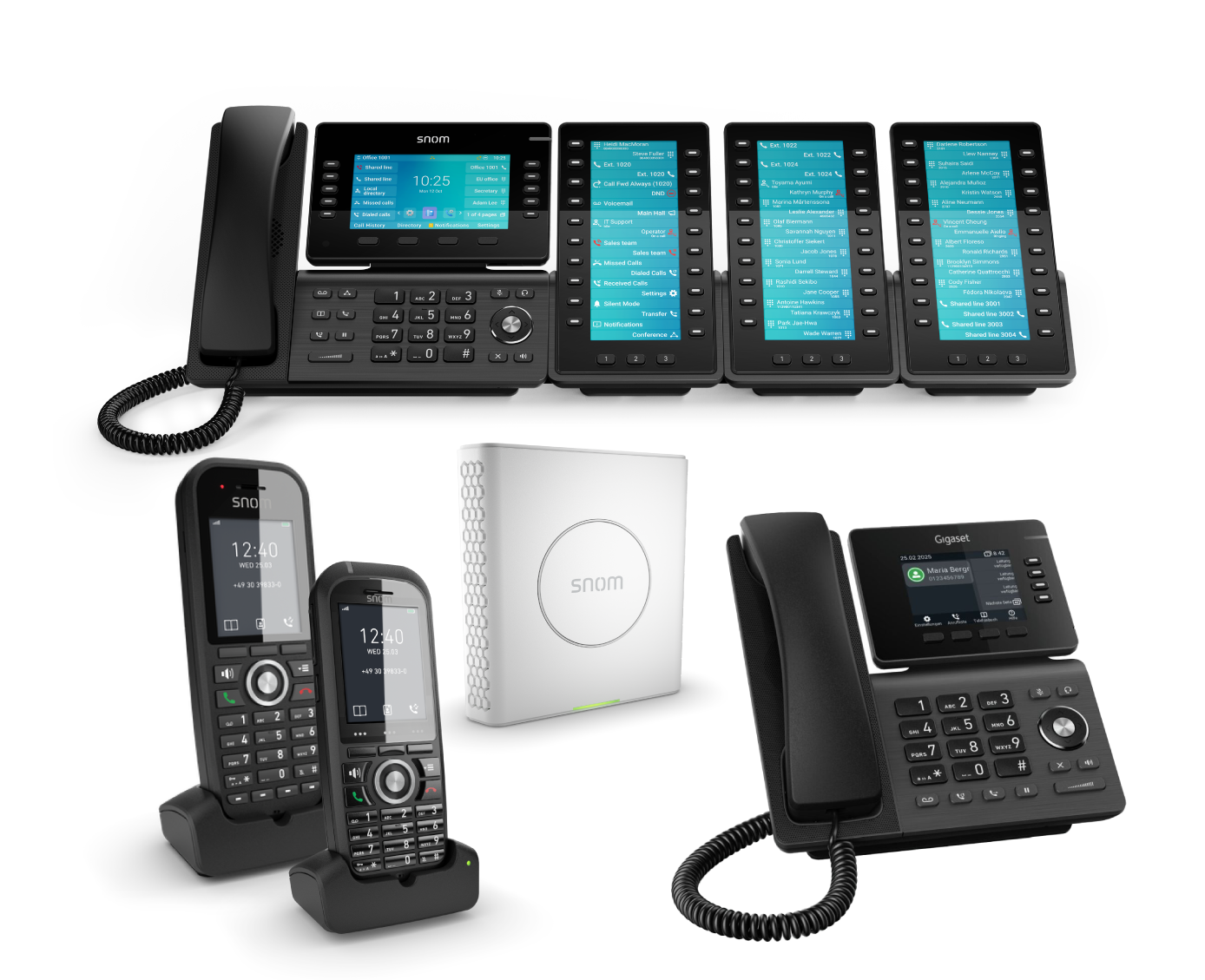 Eine Sammlung schwarzer VoIP-Telefone, Basisstation und Mobilteile.