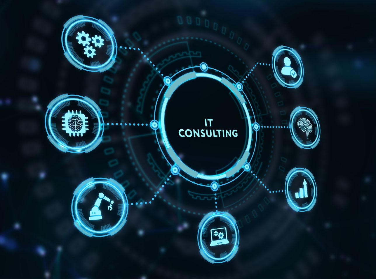 Digitale Grafik mit der Aufschrift „IT CONSULTING“, umgeben von Technologie-Symbolen auf dunklem Hintergrund