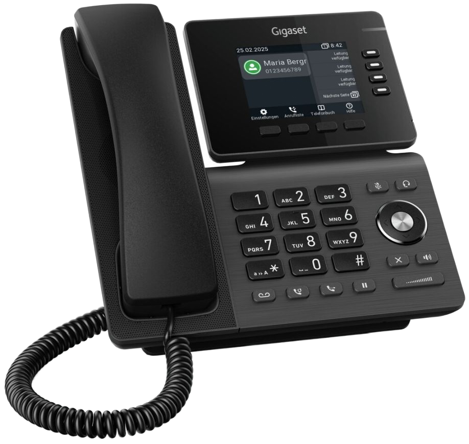 Schwarzes Gigaset-Tischtelefon mit Hörer, Tastatur und Touchscreen-Display.