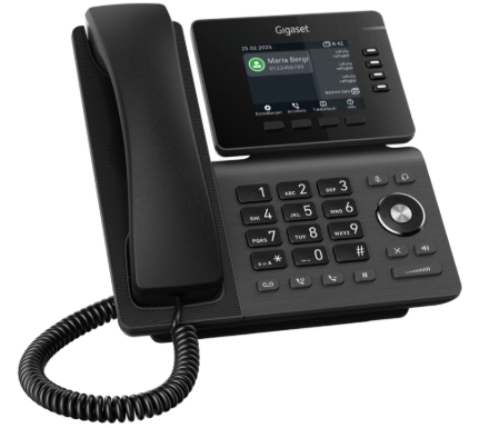 Schwarzes Gigaset-Tischtelefon mit Hörer, Tastatur und Touchscreen-Display.