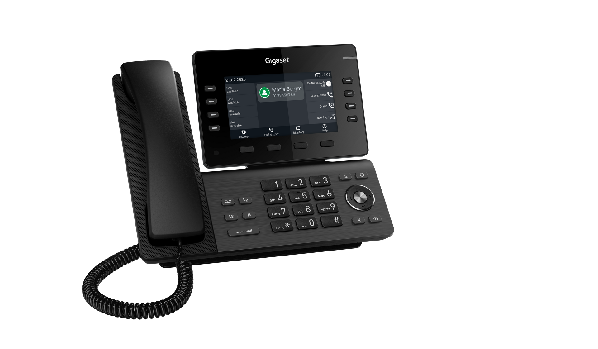 Schwarzes Gigaset-Tischtelefon mit Touchscreen-Display und numerischer Tastatur.