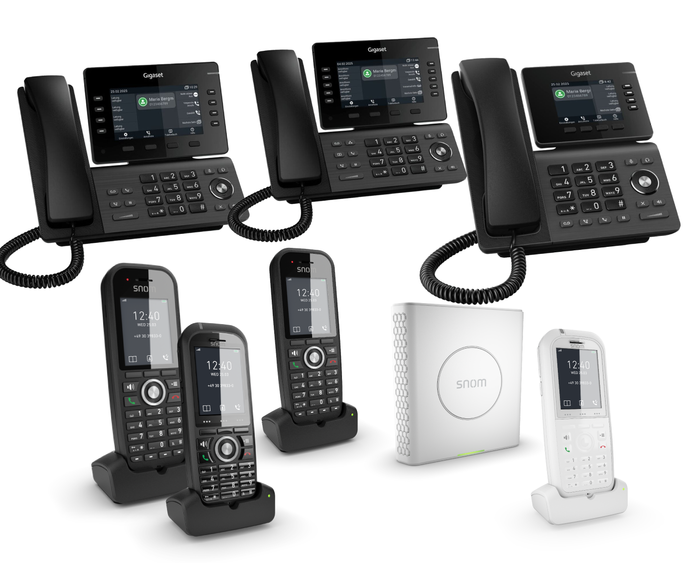 Set bestehend aus schwarzen Bürotelefonen und schnurlosen Handgeräten mit weißer Netzwerkbasisstation.