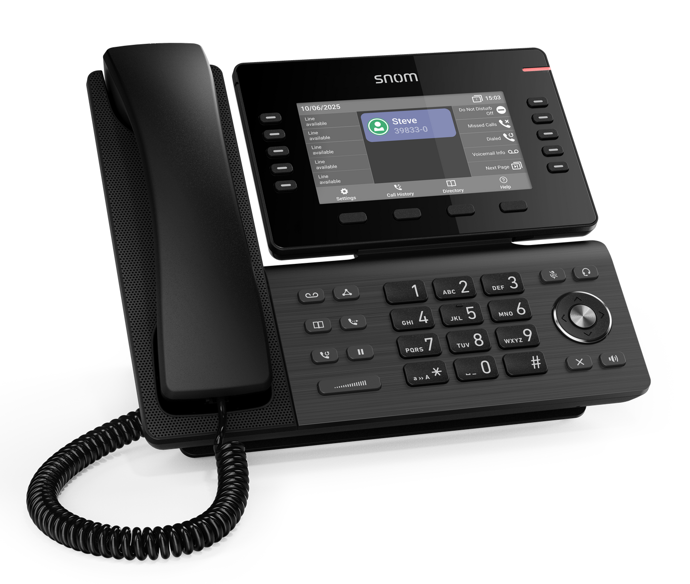 Schwarzes Tischtelefon mit Hörer, Bildschirm und Tastatur.