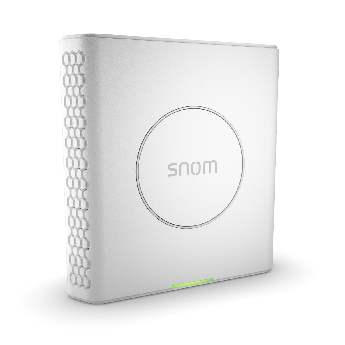 Weißer Snom WiFi-Zugangspunkt mit wabenförmigem Design an der Seite und grüner Leuchte.
