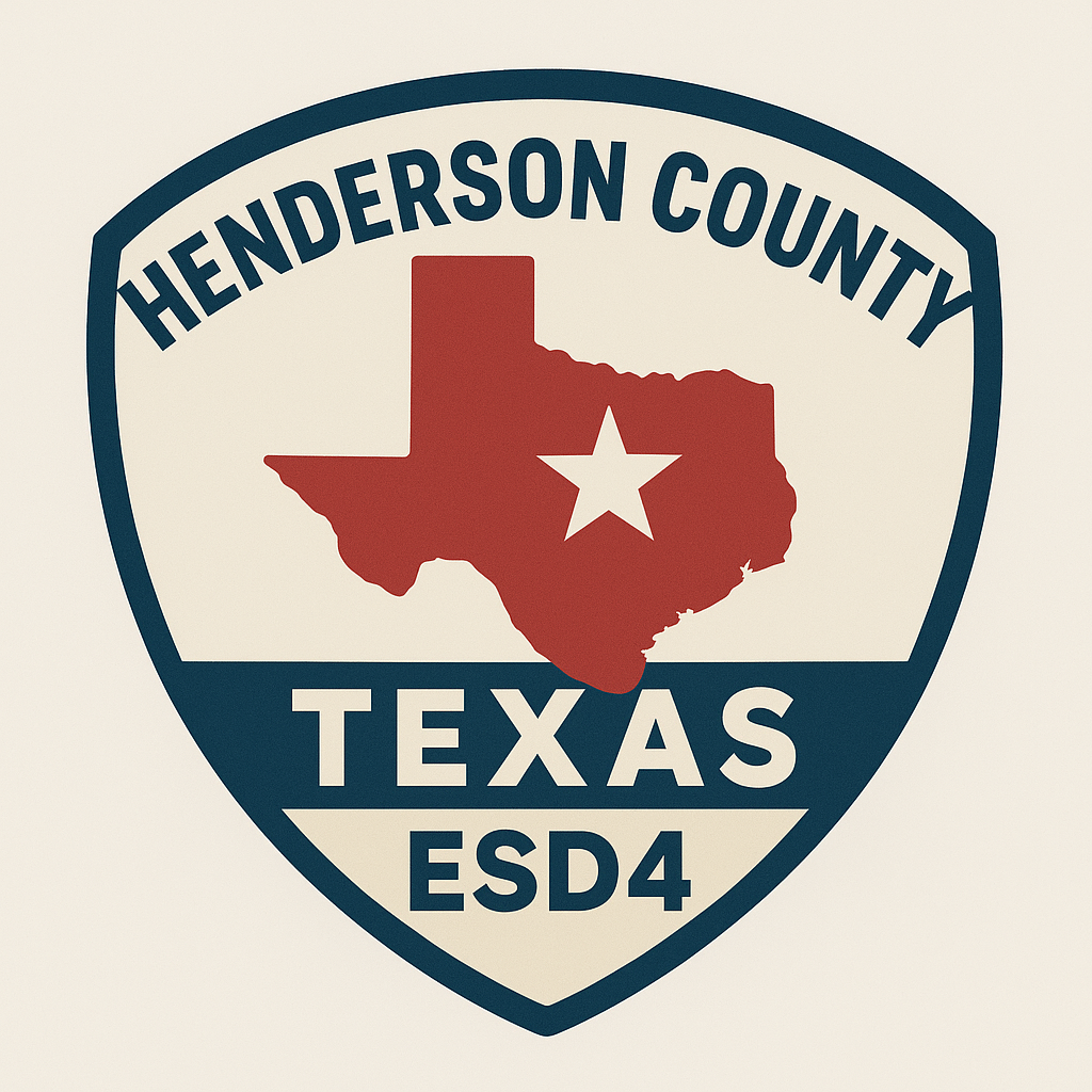 Henderson County, Texas ESD4 logo: Shield with red Texas outline and star, blue and white text.
