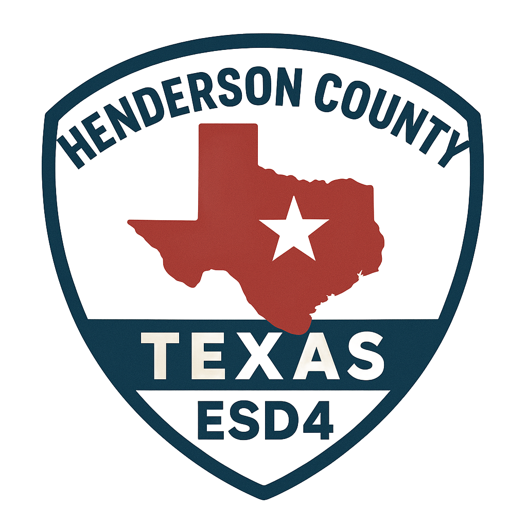 Henderson County Emergency Services, District #4 logo: red fire truck in front of orange flames, surrounded by a black and white circular border.