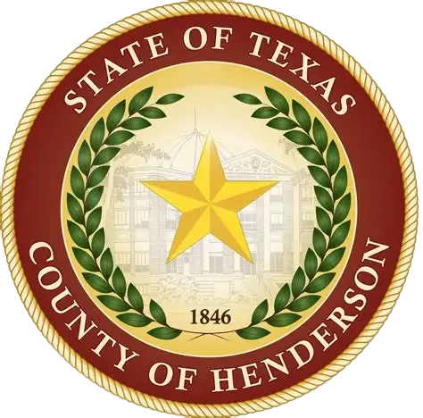 Henderson County, Texas seal: gold star, courthouse, green wreath, text 