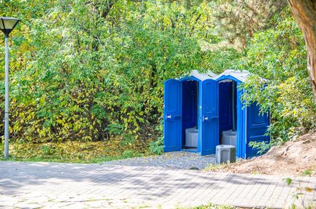 A row of blue portable toilets in a park