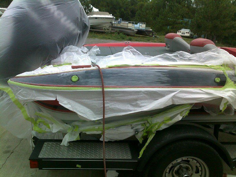 Boat impact repair with fiberglass and metalflake damage