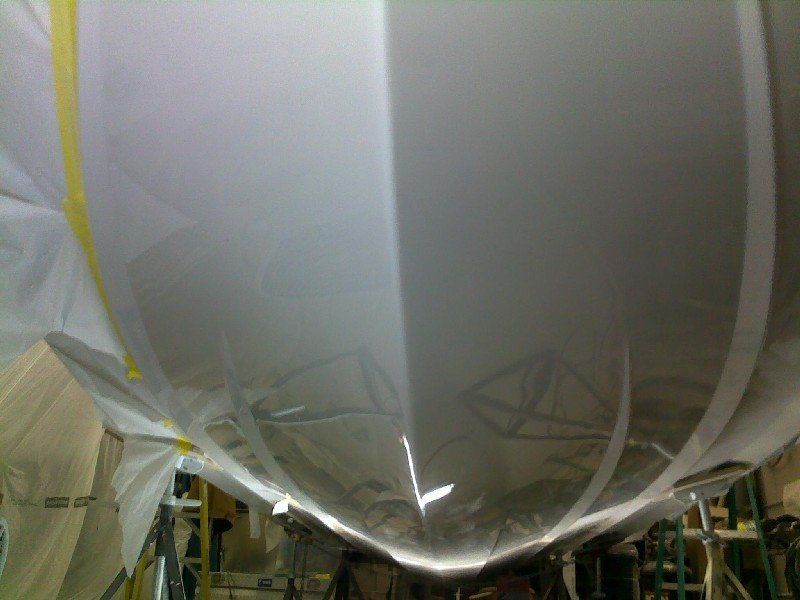 Boat bottom hull that has had fiberglass and gelcoat repaired