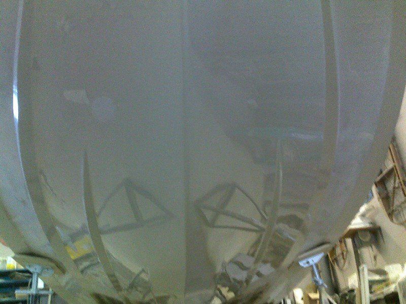 Boat bottom hull that has had fiberglass and gelcoat repaired