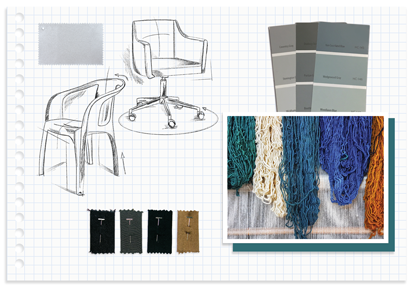 A drawing of a chair , a rug , and a palette of paint on a piece of graph paper.