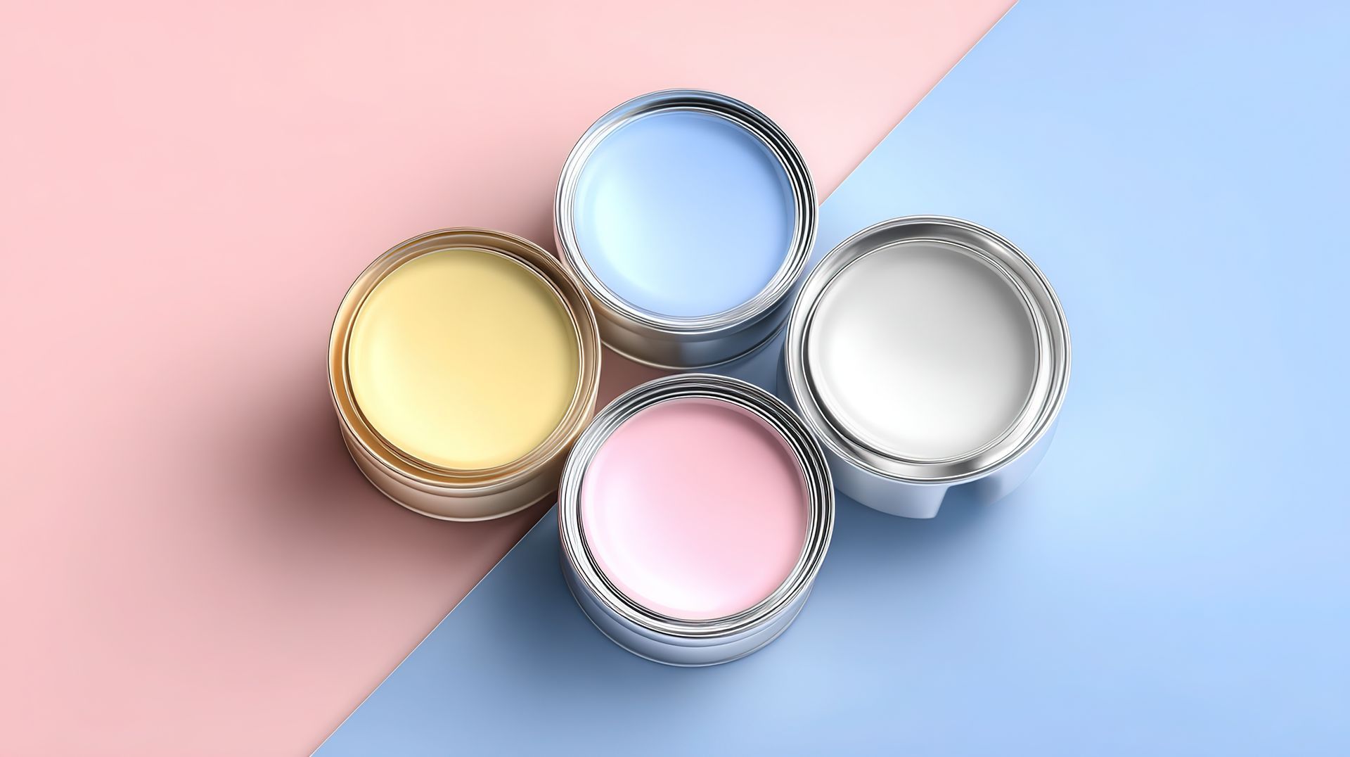 Four open paint cans in blue, yellow, pink, and white on a geometric backdrop.