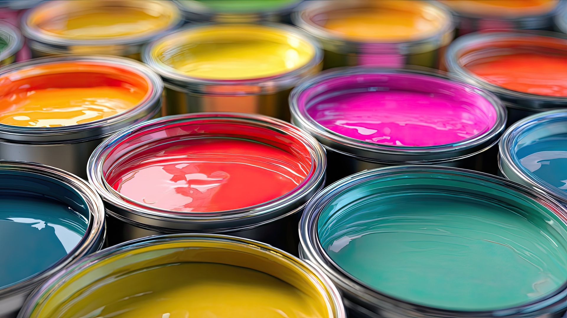 Vibrant paint store display featuring colorful open cans for creative projects and paint supply. Vibrant paint store display featuring colorful open cans for creative projects and paint supply.