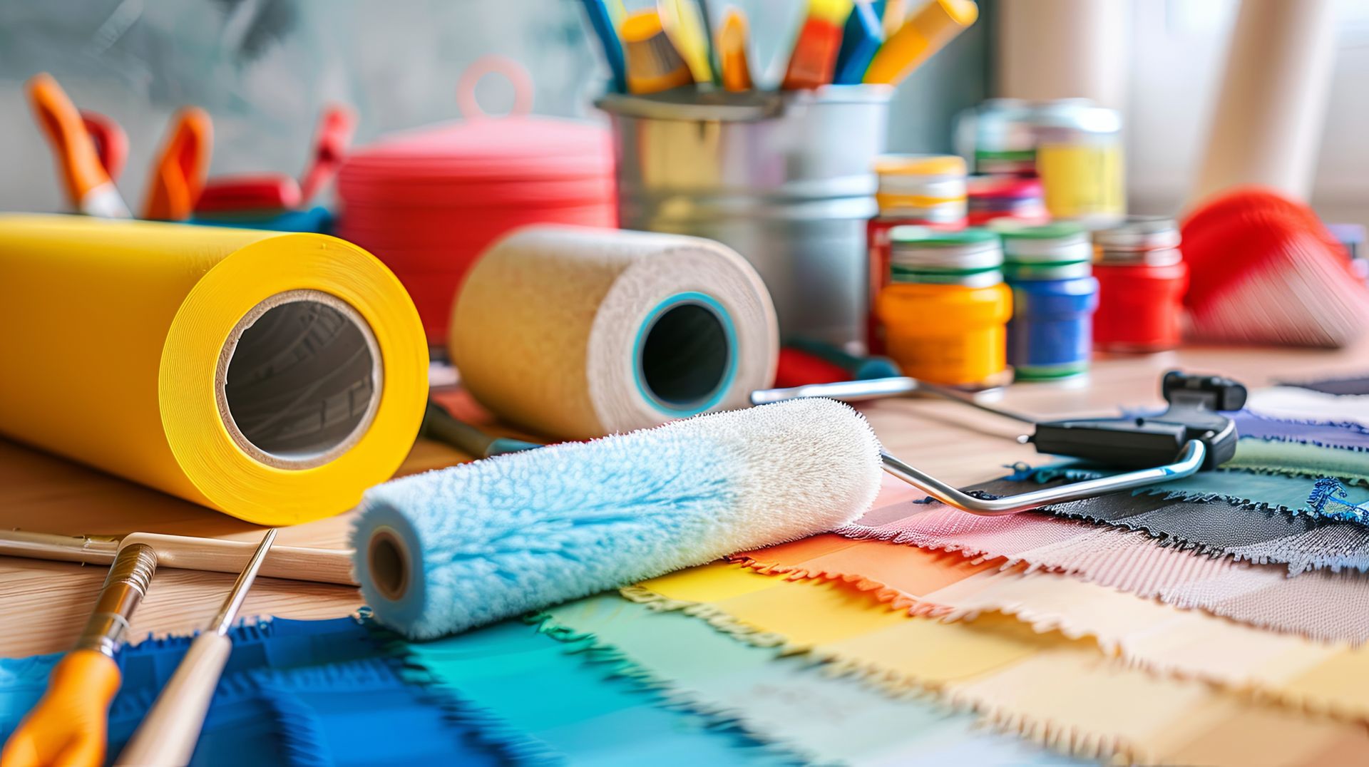 Vibrant paint rollers, brushes, and color swatches, essential paint supply for home renovation.