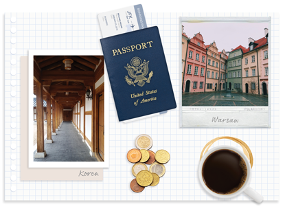 A passport , tickets , coins , and a cup of coffee on a grid paper.