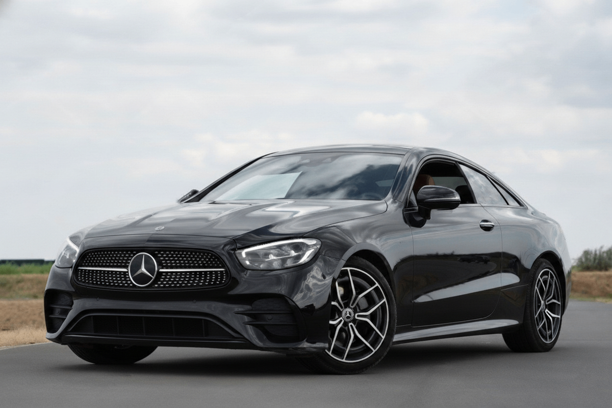 Black Mercedes-Benz coupe on a paved road, overcast sky.