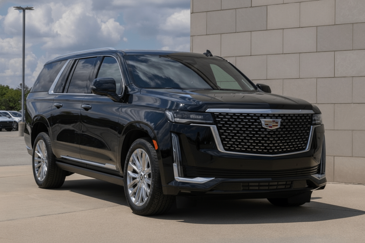 Black Cadillac Escalade SUV parked in front of a building on a sunny day.