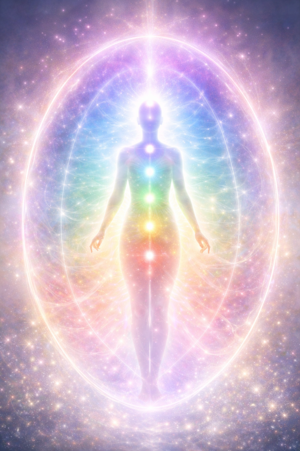 Colorful illustration of a glowing body with Chakra symbols in perfect alignment.