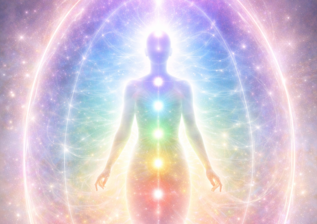 Colorful illustration of a glowing body with Chakra symbols in perfect alignment.