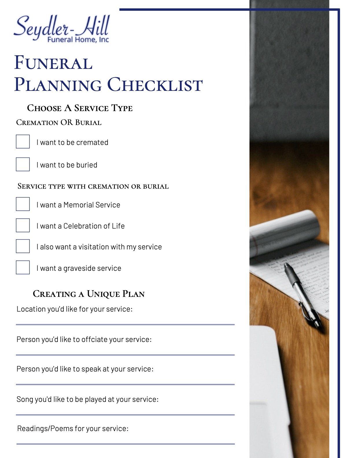 Seydler-Hill Funeral Pre-Planning Checklist