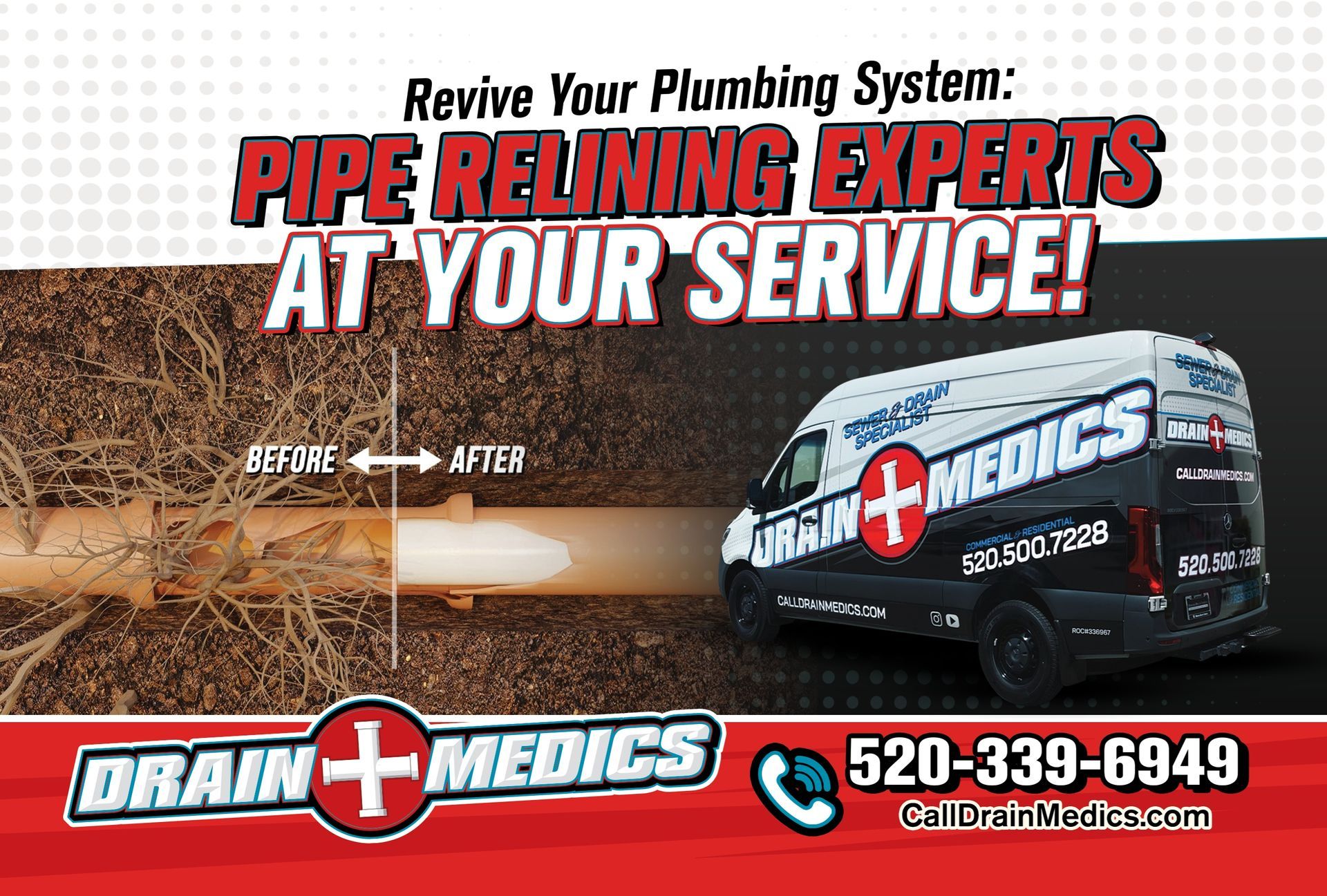 An advertisement for pipe relining experts at your service