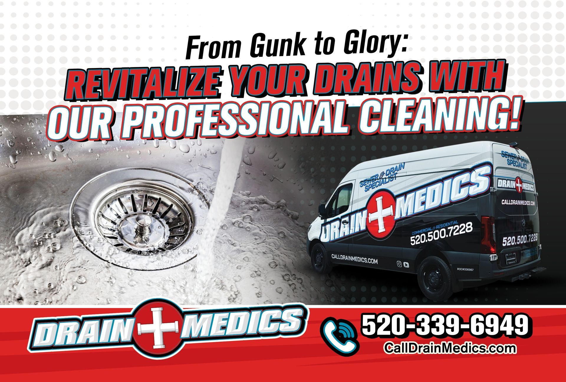 An advertisement for drain medics shows a sink and a van