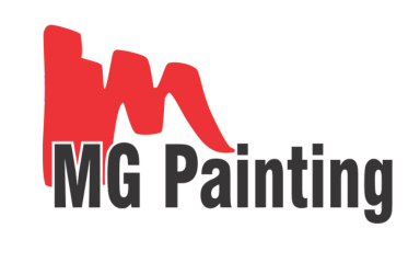 A logo for mg painting with a red m on a white background