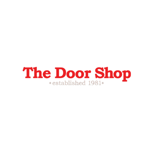 A red logo for the door shop established 1981 on a white background.