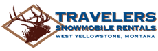 The logo for travelers snowmobile rentals west yellowstone montana