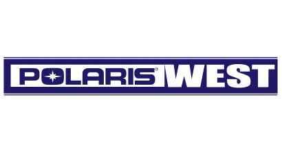 A blue and white logo for polaris west on a white background.