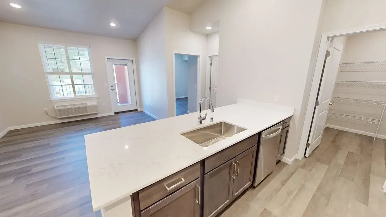 A kitchen with a sink , cabinets , and a dishwasher.