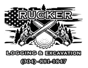 Rucker Logging & Excavation logo: crossed chainsaws, American flag background, trees, phone number.