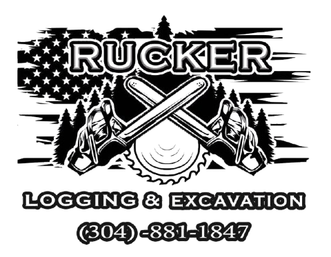 Rucker Logging & Excavation logo: crossed chainsaws, American flag background, trees, phone number.