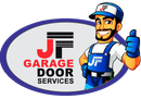 JF Garage Door Services logo: smiling man in overalls with thumbs up, next to company name.