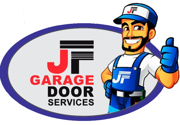 JF Garage Door Services logo: smiling man in overalls with thumbs up, next to company name.