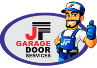 JF Garage Door Services logo: smiling man in overalls with thumbs up, next to company name.