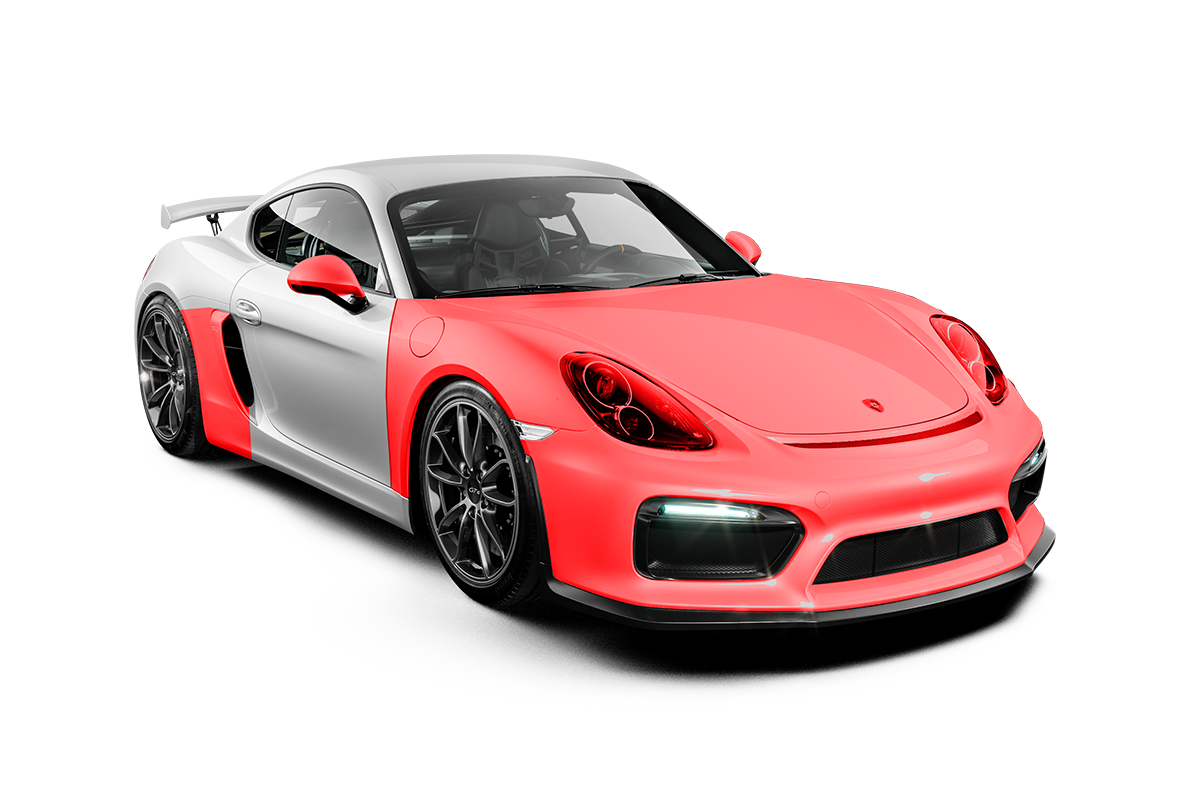 A yellow and white sports car on a black background.