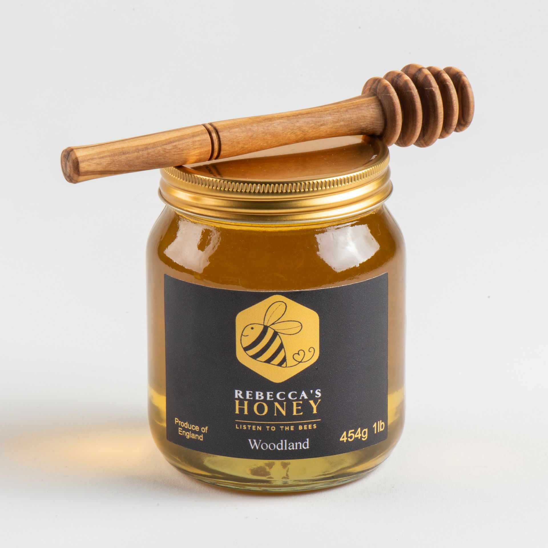 Woodland Honey, 454g, with Olive Wood Honey Dipper