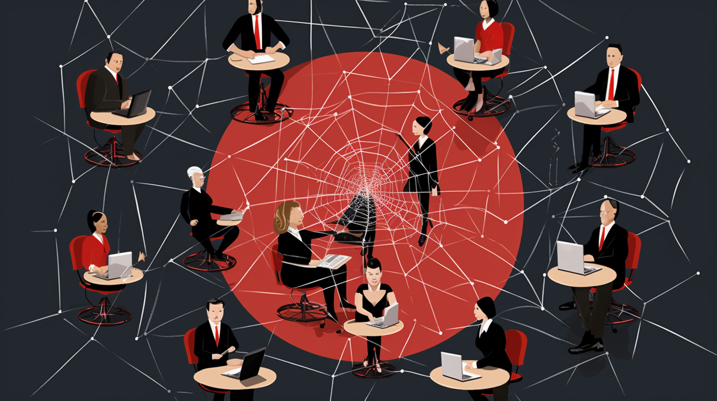 A series of diverse company employees caught in a spiderweb