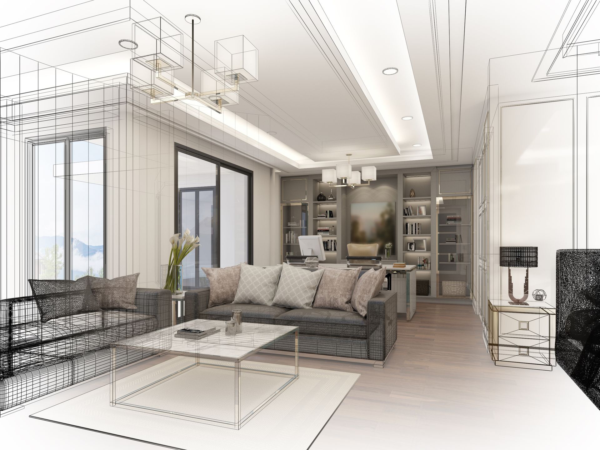 Un rendering 3D di un soggiorno con un divano e un tavolino.