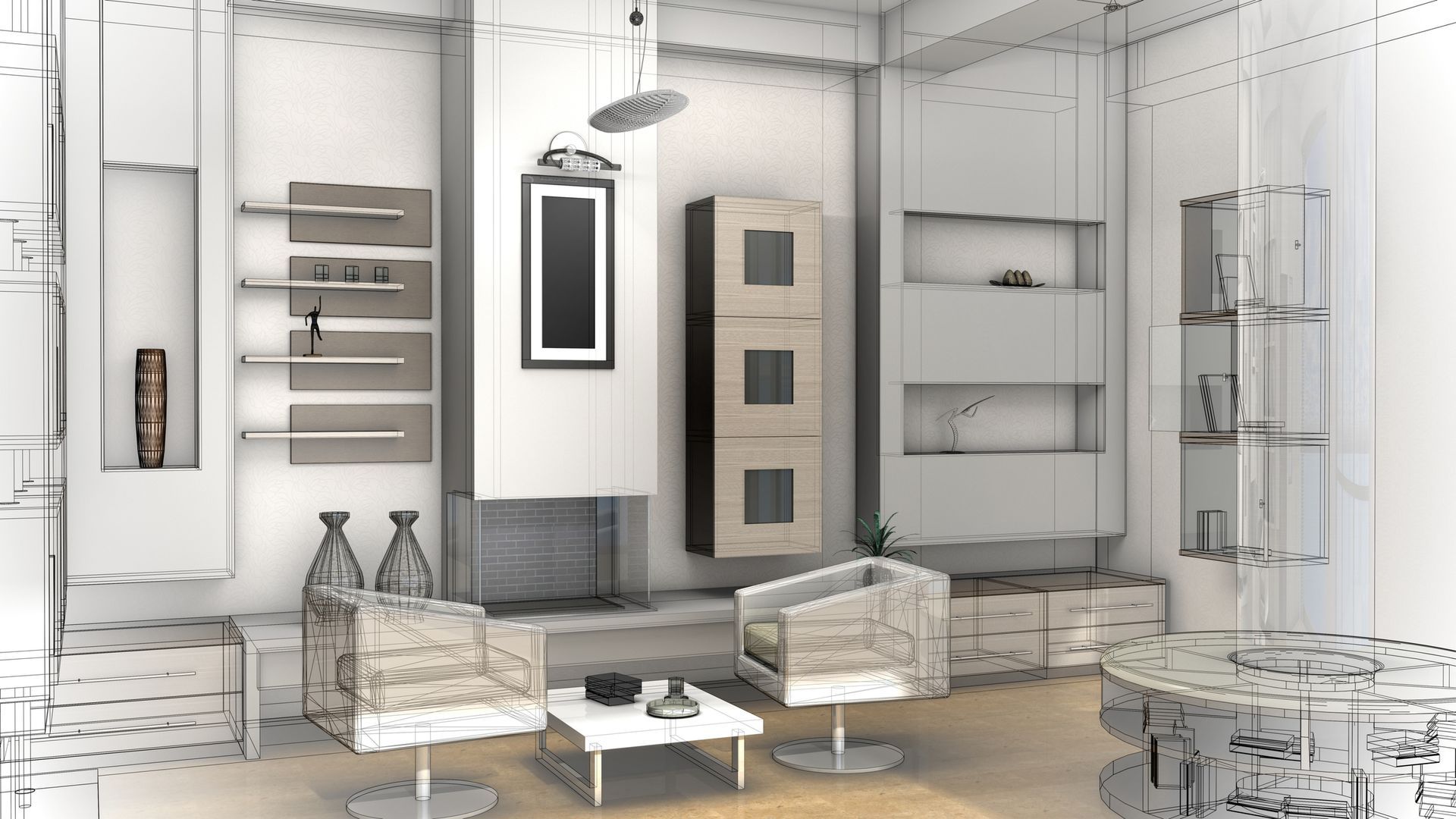 Un disegno in bianco e nero di un soggiorno con sedie e un tavolo.