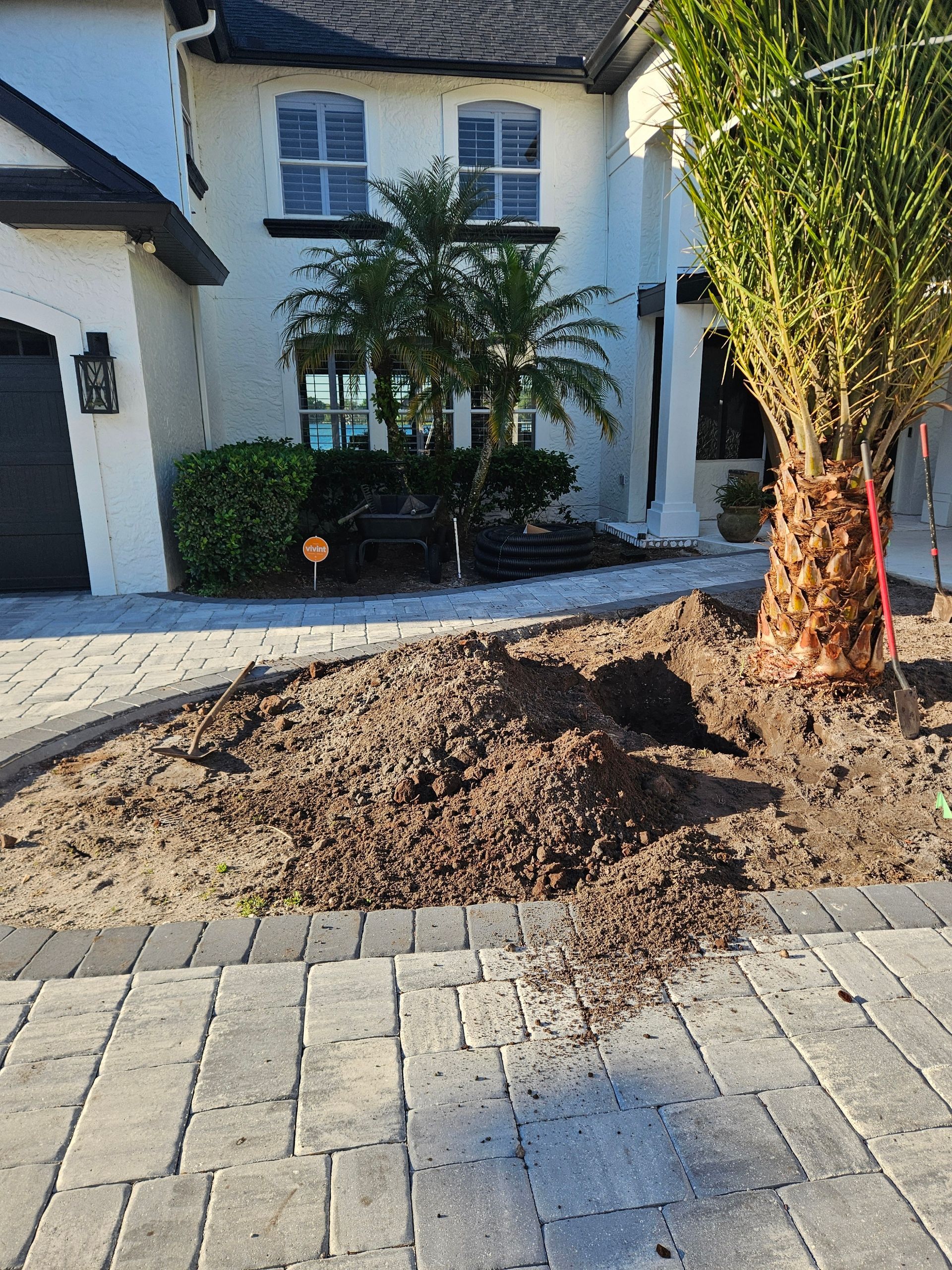A house exterior with dirt pile in front. Palm tree and brick driveway visible.