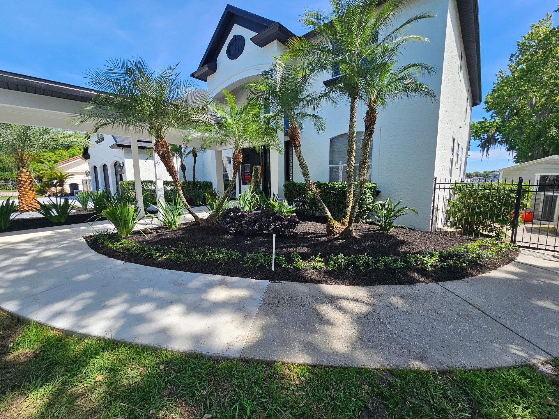 White building with dark roof, palm trees, and landscaped garden bed bordering a sidewalk.