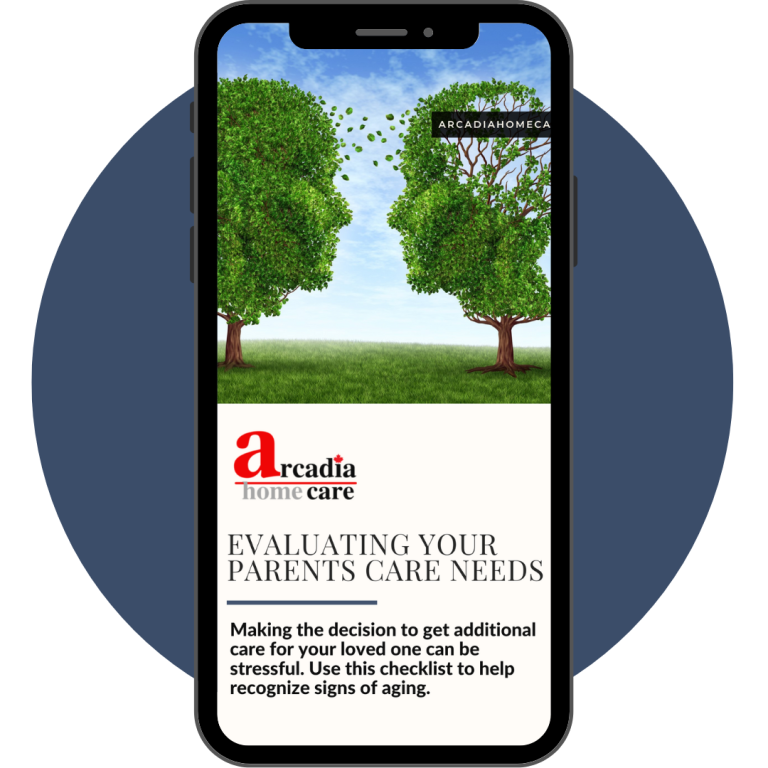 A cell phone displays a page about evaluating your parents care needs