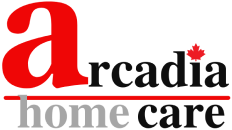 The logo for arcadia home care is red and black with a maple leaf.