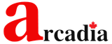 The logo for arcadia home care is red and black with a maple leaf.