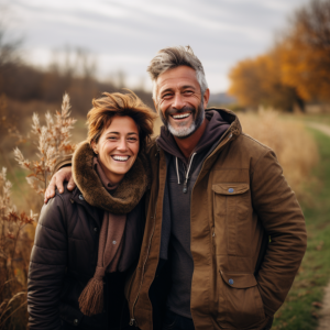 A man and a woman are posing for a picture and smiling