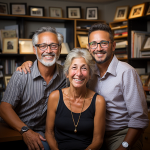 Three people posing for a picture in front of a bookshelf