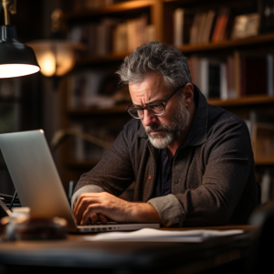 A man wearing glasses is typing on a laptop computer